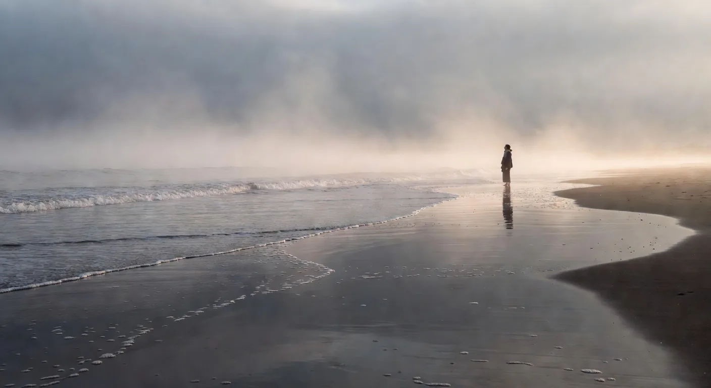 日本の霧の朝の浜