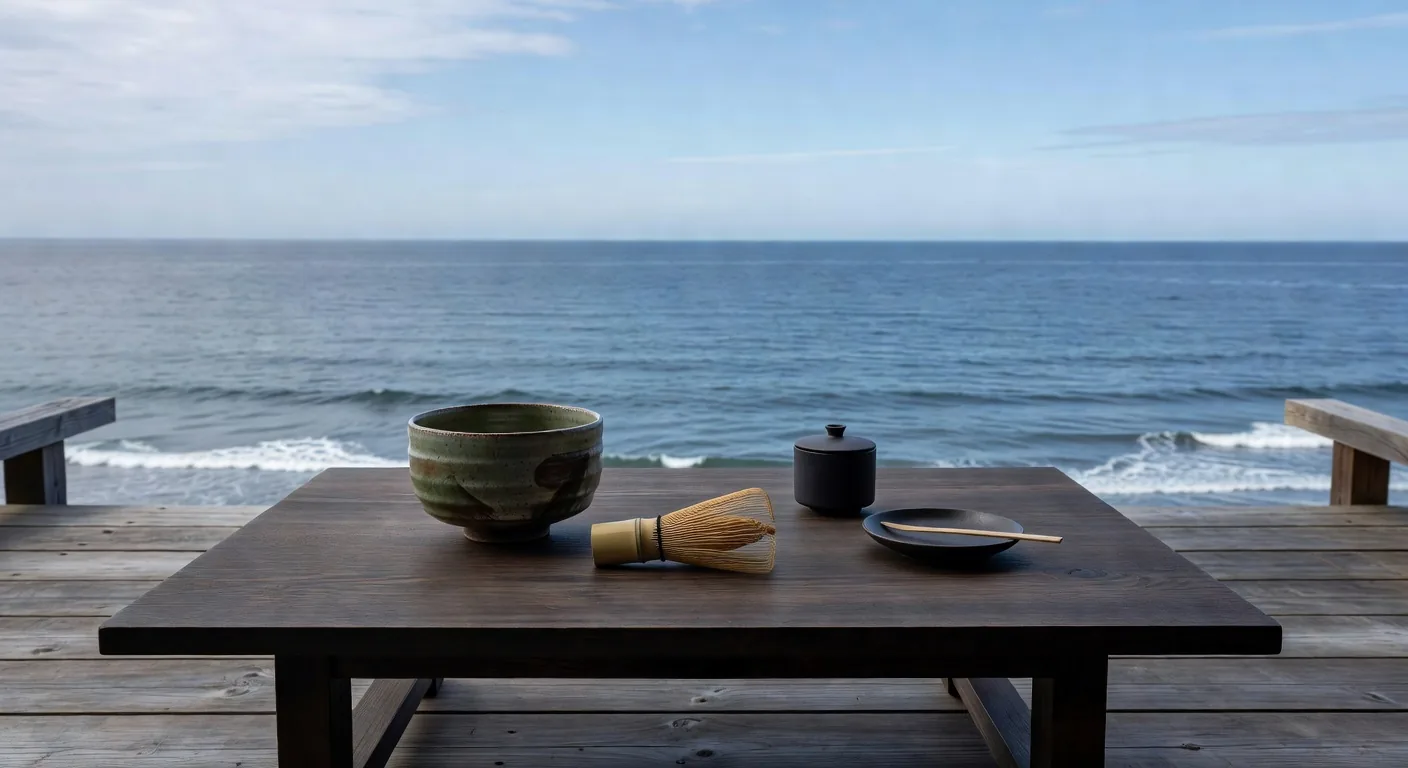 海のテラスでの茶道