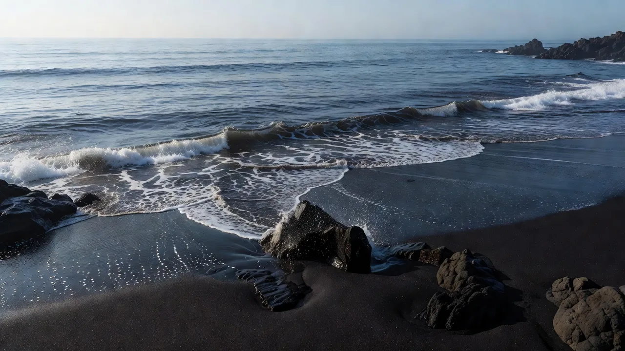 黒砂浜に砕ける波